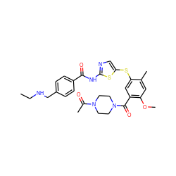 CCNCc1ccc(C(=O)Nc2ncc(Sc3cc(C(=O)N4CCN(C(C)=O)CC4)c(OC)cc3C)s2)cc1 ZINC000036184873