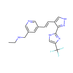 CCNCc1cncc(/C=C/c2c[nH]nc2-c2nc(C(F)(F)F)c[nH]2)c1 ZINC000028896822