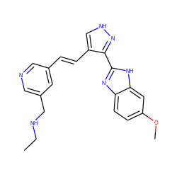 CCNCc1cncc(/C=C/c2c[nH]nc2-c2nc3ccc(OC)cc3[nH]2)c1 ZINC000028896787