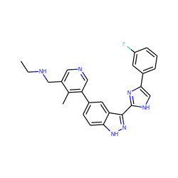 CCNCc1cncc(-c2ccc3[nH]nc(-c4nc(-c5cccc(F)c5)c[nH]4)c3c2)c1C ZINC000072176226