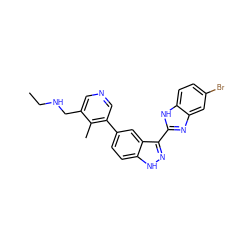 CCNCc1cncc(-c2ccc3[nH]nc(-c4nc5cc(Br)ccc5[nH]4)c3c2)c1C ZINC000072175362