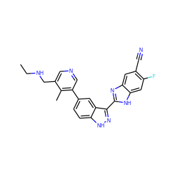 CCNCc1cncc(-c2ccc3[nH]nc(-c4nc5cc(C#N)c(F)cc5[nH]4)c3c2)c1C ZINC000072177157