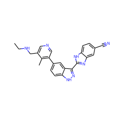 CCNCc1cncc(-c2ccc3[nH]nc(-c4nc5cc(C#N)ccc5[nH]4)c3c2)c1C ZINC000072177417