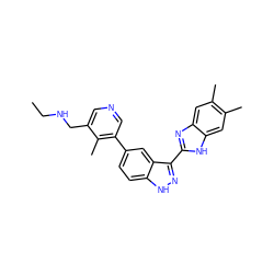 CCNCc1cncc(-c2ccc3[nH]nc(-c4nc5cc(C)c(C)cc5[nH]4)c3c2)c1C ZINC000072178357