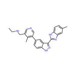 CCNCc1cncc(-c2ccc3[nH]nc(-c4nc5cc(C)ccc5[nH]4)c3c2)c1C ZINC000072176958