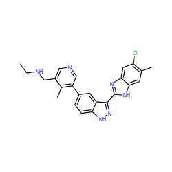 CCNCc1cncc(-c2ccc3[nH]nc(-c4nc5cc(Cl)c(C)cc5[nH]4)c3c2)c1C ZINC000072177891