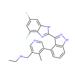 CCNCc1cncc(-c2cccc3[nH]nc(-c4nc5c(F)cc(F)cc5[nH]4)c23)c1C ZINC000575319712