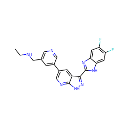 CCNCc1cncc(-c2cnc3[nH]nc(-c4nc5cc(F)c(F)cc5[nH]4)c3c2)c1 ZINC000028950092