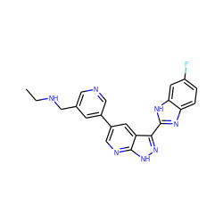 CCNCc1cncc(-c2cnc3[nH]nc(-c4nc5ccc(F)cc5[nH]4)c3c2)c1 ZINC000028950093