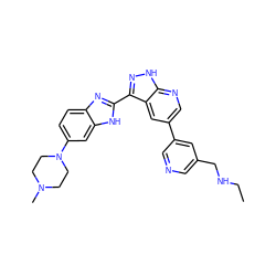 CCNCc1cncc(-c2cnc3[nH]nc(-c4nc5ccc(N6CCN(C)CC6)cc5[nH]4)c3c2)c1 ZINC000028950090