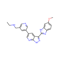 CCNCc1cncc(-c2cnc3[nH]nc(-c4nc5ccc(OC)cc5[nH]4)c3c2)c1 ZINC000028950097