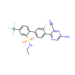 CCNS(=O)(=O)c1cc(C(F)(F)F)ccc1-c1ccc(-c2ncc(N)nc2C#N)c(F)c1 ZINC000224781477