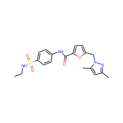 CCNS(=O)(=O)c1ccc(NC(=O)c2ccc(Cn3nc(C)cc3C)o2)cc1 ZINC000000679991