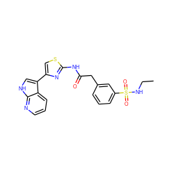 CCNS(=O)(=O)c1cccc(CC(=O)Nc2nc(-c3c[nH]c4ncccc34)cs2)c1 ZINC000035820066