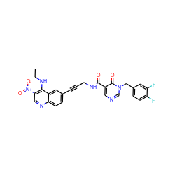 CCNc1c([N+](=O)[O-])cnc2ccc(C#CCNC(=O)c3cncn(Cc4ccc(F)c(F)c4)c3=O)cc12 ZINC000096176255