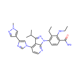 CCNc1c(C(N)=O)ccc(-n2nc(C(C)C)c3c(-n4cnc(-c5cnn(C)c5)c4)ccnc32)c1CC ZINC000169703535