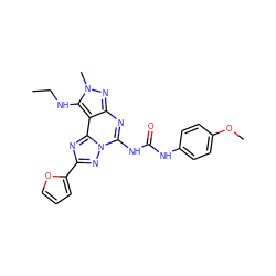 CCNc1c2c(nc(NC(=O)Nc3ccc(OC)cc3)n3nc(-c4ccco4)nc23)nn1C ZINC000013493998