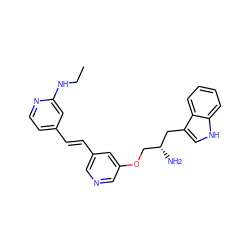 CCNc1cc(/C=C/c2cncc(OC[C@@H](N)Cc3c[nH]c4ccccc34)c2)ccn1 ZINC000014957780