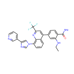 CCNc1cc(-c2cc(C(F)(F)F)nc3c(-n4cnc(-c5cccnc5)c4)cccc23)ccc1C(N)=O ZINC000145491832