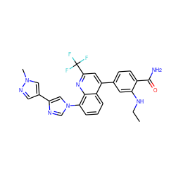 CCNc1cc(-c2cc(C(F)(F)F)nc3c(-n4cnc(-c5cnn(C)c5)c4)cccc23)ccc1C(N)=O ZINC000145584432