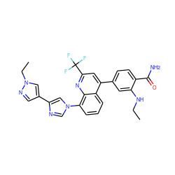 CCNc1cc(-c2cc(C(F)(F)F)nc3c(-n4cnc(-c5cnn(CC)c5)c4)cccc23)ccc1C(N)=O ZINC000145515321