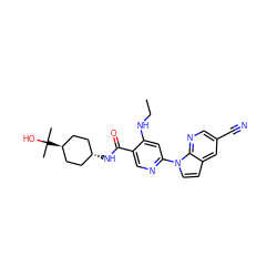 CCNc1cc(-n2ccc3cc(C#N)cnc32)ncc1C(=O)N[C@H]1CC[C@H](C(C)(C)O)CC1 ZINC001772611255