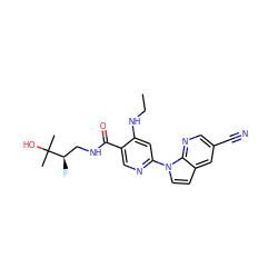 CCNc1cc(-n2ccc3cc(C#N)cnc32)ncc1C(=O)NC[C@@H](F)C(C)(C)O ZINC001772625944