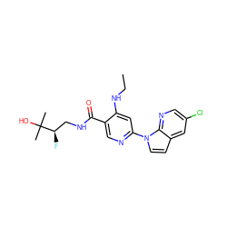 CCNc1cc(-n2ccc3cc(Cl)cnc32)ncc1C(=O)NC[C@@H](F)C(C)(C)O ZINC001772625060