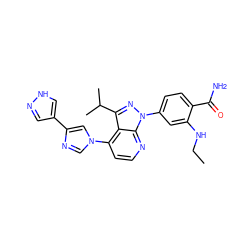 CCNc1cc(-n2nc(C(C)C)c3c(-n4cnc(-c5cn[nH]c5)c4)ccnc32)ccc1C(N)=O ZINC000169235653