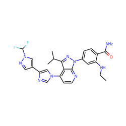 CCNc1cc(-n2nc(C(C)C)c3c(-n4cnc(-c5cnn(C(F)F)c5)c4)ccnc32)ccc1C(N)=O ZINC000169244563