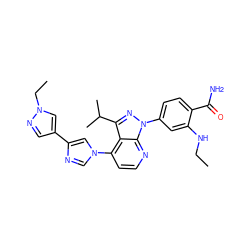 CCNc1cc(-n2nc(C(C)C)c3c(-n4cnc(-c5cnn(CC)c5)c4)ccnc32)ccc1C(N)=O ZINC000169703548