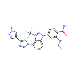 CCNc1cc(-n2nc(C(F)(F)F)c3c(-n4cnc(-c5cnn(C)c5)c4)cccc32)ccc1C(N)=O ZINC000200920854