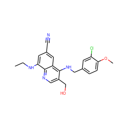 CCNc1cc(C#N)cc2c(NCc3ccc(OC)c(Cl)c3)c(CO)cnc12 ZINC000095590385