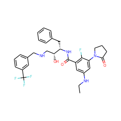 CCNc1cc(C(=O)N[C@@H](Cc2ccccc2)[C@H](O)CNCc2cccc(C(F)(F)F)c2)c(F)c(N2CCCC2=O)c1 ZINC000044307190