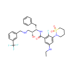 CCNc1cc(C(=O)N[C@@H](Cc2ccccc2)[C@H](O)CNCc2cccc(C(F)(F)F)c2)c(F)c(N2CCCCS2(=O)=O)c1 ZINC000004401730