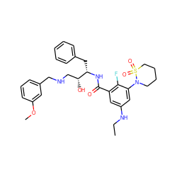 CCNc1cc(C(=O)N[C@@H](Cc2ccccc2)[C@H](O)CNCc2cccc(OC)c2)c(F)c(N2CCCCS2(=O)=O)c1 ZINC000029039632