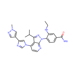 CCNc1cc(C(N)=O)ccc1-n1nc(C(C)C)c2c(-n3cnc(-c4cnn(C)c4)c3)ccnc21 ZINC000169703523