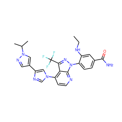 CCNc1cc(C(N)=O)ccc1-n1nc(C(F)(F)F)c2c(-n3cnc(-c4cnn(C(C)C)c4)c3)ccnc21 ZINC000169703589