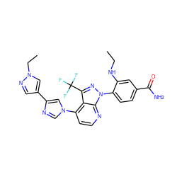 CCNc1cc(C(N)=O)ccc1-n1nc(C(F)(F)F)c2c(-n3cnc(-c4cnn(CC)c4)c3)ccnc21 ZINC000169703587