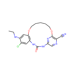 CCNc1cc2c(cc1Cl)NC(=O)Nc1cnc(C#N)c(n1)OCCCCCO2 ZINC000014958248