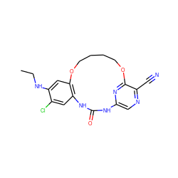 CCNc1cc2c(cc1Cl)NC(=O)Nc1cnc(C#N)c(n1)OCCCCO2 ZINC000028963226