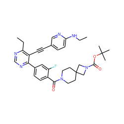 CCNc1ccc(C#Cc2c(CC)ncnc2-c2ccc(C(=O)N3CCC4(CC3)CN(C(=O)OC(C)(C)C)C4)c(F)c2)cn1 ZINC000148891225