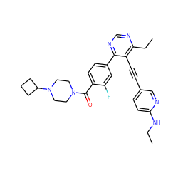 CCNc1ccc(C#Cc2c(CC)ncnc2-c2ccc(C(=O)N3CCN(C4CCC4)CC3)c(F)c2)cn1 ZINC000169700690