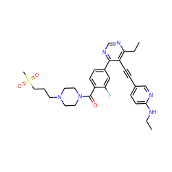 CCNc1ccc(C#Cc2c(CC)ncnc2-c2ccc(C(=O)N3CCN(CCCS(C)(=O)=O)CC3)c(F)c2)cn1 ZINC000148676609