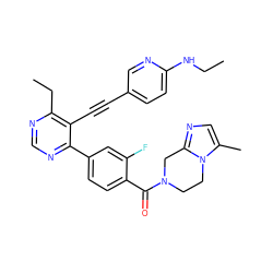 CCNc1ccc(C#Cc2c(CC)ncnc2-c2ccc(C(=O)N3CCn4c(C)cnc4C3)c(F)c2)cn1 ZINC000148621137