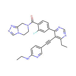 CCNc1ccc(C#Cc2c(CC)ncnc2-c2ccc(C(=O)N3CCn4cnnc4C3)c(F)c2)cn1 ZINC000148767399