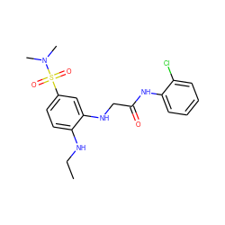 CCNc1ccc(S(=O)(=O)N(C)C)cc1NCC(=O)Nc1ccccc1Cl ZINC000005636972