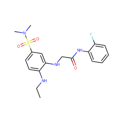 CCNc1ccc(S(=O)(=O)N(C)C)cc1NCC(=O)Nc1ccccc1F ZINC000005688130