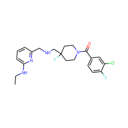 CCNc1cccc(CNCC2(F)CCN(C(=O)c3ccc(F)c(Cl)c3)CC2)n1 ZINC000000581872