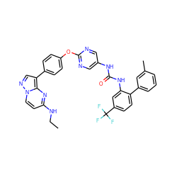 CCNc1ccn2ncc(-c3ccc(Oc4ncc(NC(=O)Nc5cc(C(F)(F)F)ccc5-c5cccc(C)c5)cn4)cc3)c2n1 ZINC001772580012